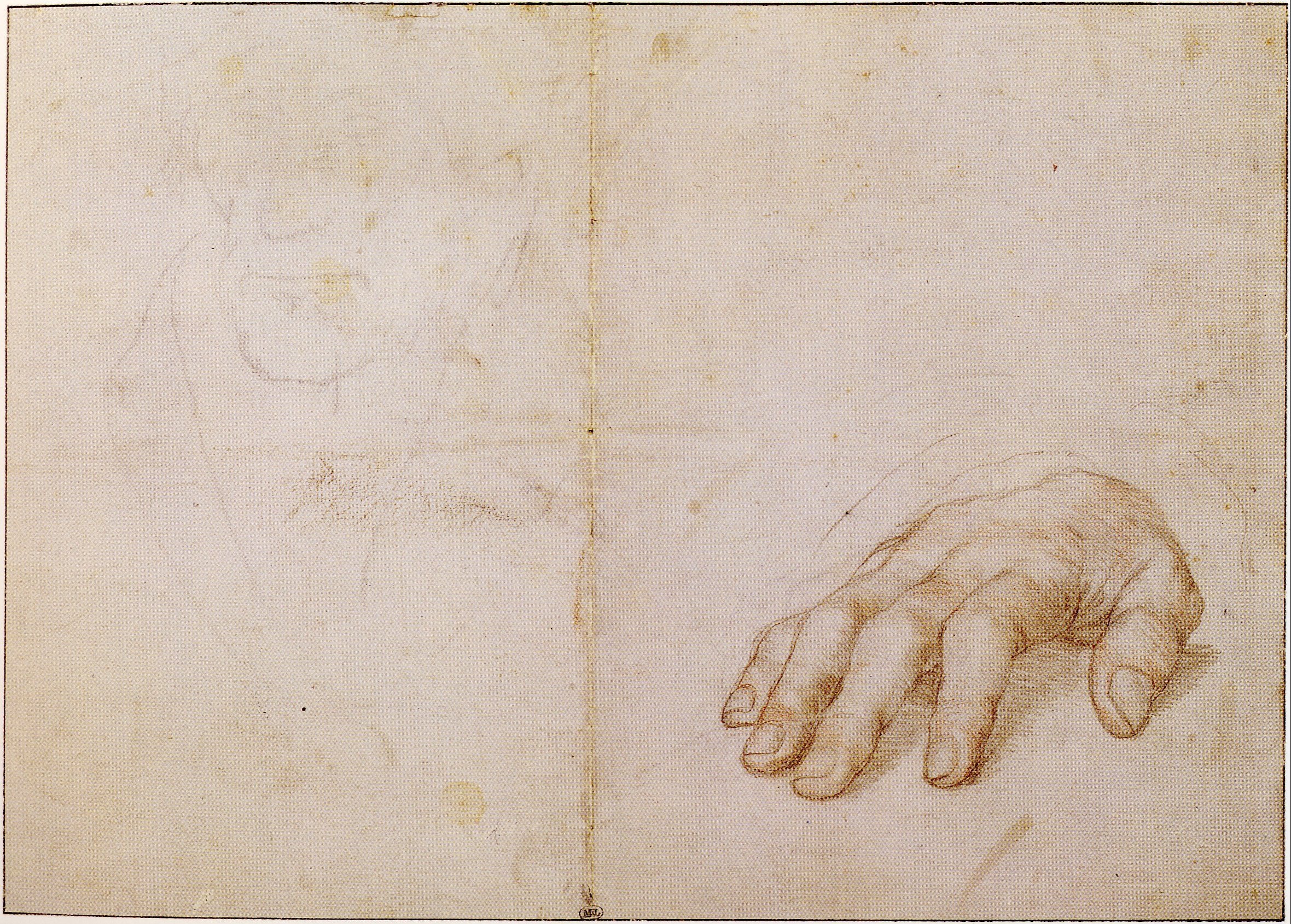 HANS HOLBEIN, 1532 | Study of Right Hand of Erasmus of Rotterdam and Portrait Study | ponta de prata , giz preto e sanguínea (20 × 28 cm) Louvre, Paris